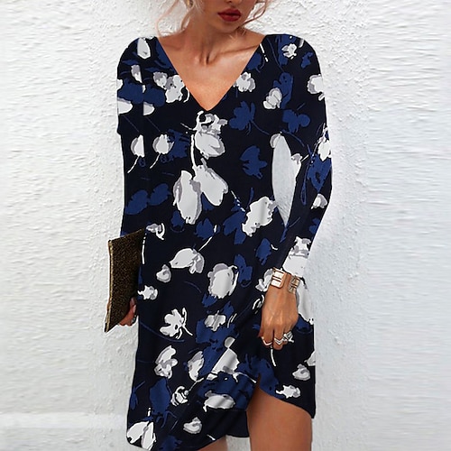 

Women's T Shirt Dress Tee Dress Shift Dress Short Mini Dress Navy Blue Long Sleeve Floral Pocket Print Fall Winter V Neck Casual Loose 2022 S M L XL XXL 3XL / Casual Dress