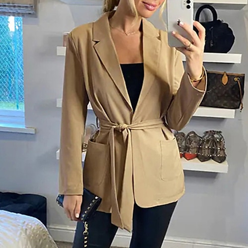 

Women's Blazer Windproof Warm Outdoor Street Daily Vacation Lace up Pocket Open Front Turndown Office / career Minimalism Solid Color Loose Fit Outerwear Long Sleeve Winter Fall Green Black Khaki S M