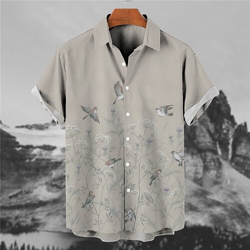 

Men's Shirt Animal Floral Bird Turndown Gray Short Sleeves 3D Print Outdoor Street Button-Down Print Tops Fashion Designer Casual Breathable / Summer / Spring / Summer