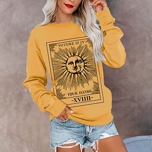 

Women's Sweatshirt Pullover Active Streetwear Monograms Print White Yellow Graphic Daily Round Neck Long Sleeve S M L XL XXL