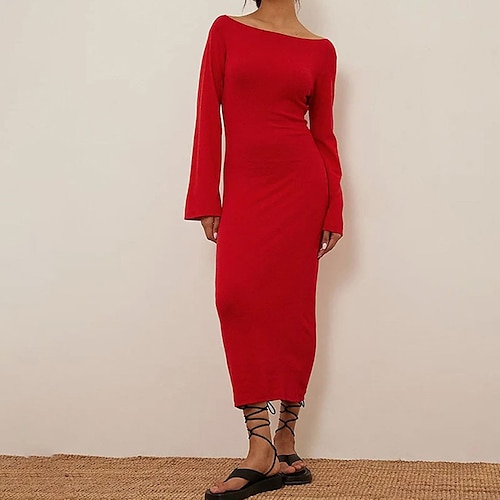 

Women's Sweater Jumper Dress Sheath Dress Maxi long Dress Black Light Brown Red Long Sleeve Pure Color Knit Fall Winter Round Neck Stylish Mature Slim 2022 S M L