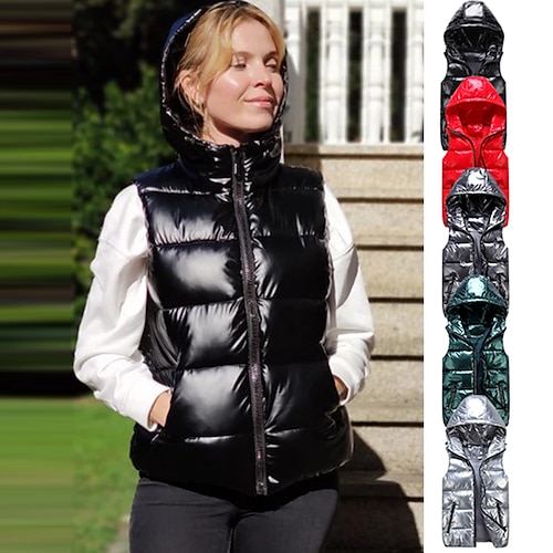 

Women's Quilted Down Vest Puffer padded Sleeveless Jacket Winter Warm Ultralight Faux Leather Shiny Coat with Hood Pockets