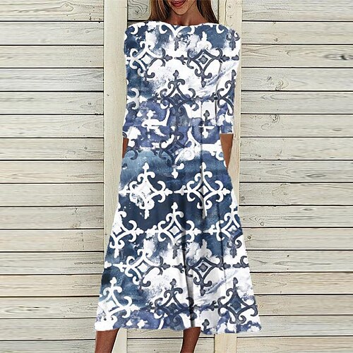 

Women's Casual Dress Shift Dress Midi Dress Green Blue Brown 3/4 Length Sleeve Floral Ruched Print Fall Winter Round Neck Casual Vacation 2022 S M L XL XXL 3XL