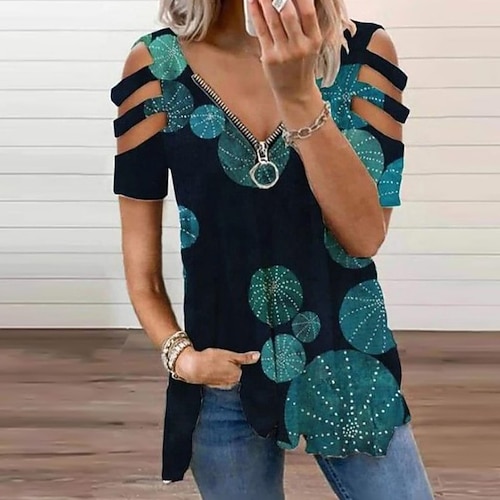 

Women's Blouse Blue Purple Rainbow Leopard Floral Cut Out Quarter Zip Short Sleeve Casual Weekend Basic V Neck Long Floral Painting S / 3D Print / Print
