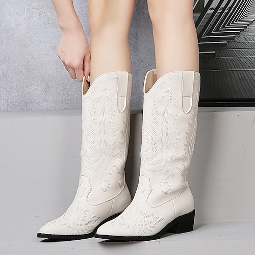 

Unisexo Botas Botas Cowboy Ao ar livre Diário Botas da panturrilha Inverno Bordado Salto Robusto Dedo Apontado Vintage Elegante Pele PU Mocassim Cor Sólida Bordado Preto Branco