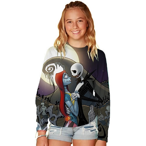 

The Nightmare Before Christmas Kids Girls' Ugly T shirt Skull Outdoor 3D Print Long Sleeve Active 3-12 Years Winter Green Black Purple