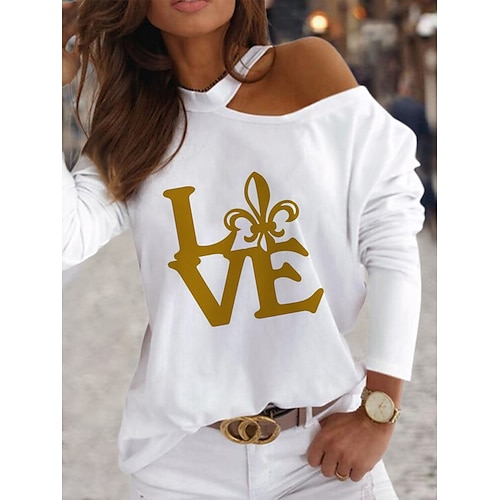 

Women's Blouse Graphic Casual Weekend Painting Blouse Long Sleeve Cold Shoulder Print Round Neck Basic White Black Yellow S / 3D Print