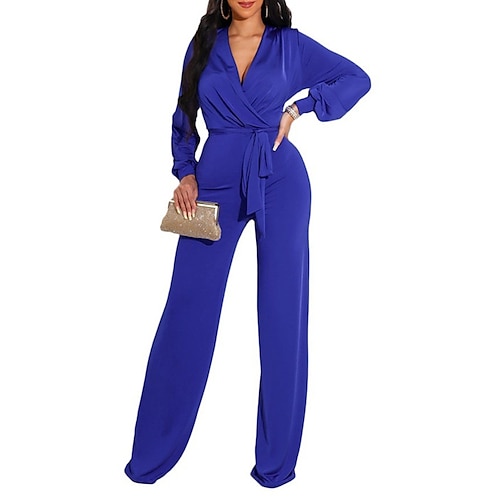 

Women's Jumpsuit Lace up Solid Color V Neck Elegant Work Business Regular Fit Long Sleeve Blue Purple Black S M L Winter