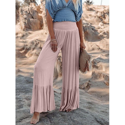

Women's Chinos Pants Trousers Trousers Bell Bottom Chiffon Blue Pink Grey Mid Waist Fashion Casual Weekend Ruffle Baggy Micro-elastic Full Length Comfort Plain S M L XL / Loose Fit