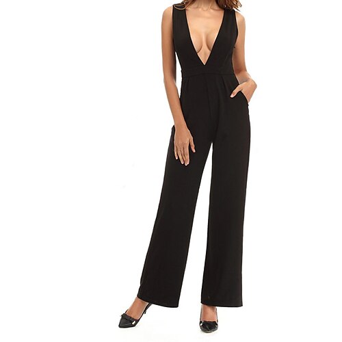 

Women's Jumpsuit High Waist Pocket Solid Color Deep V Elegant Party Vacation Regular Fit Sleeveless White Black Red S M L Spring