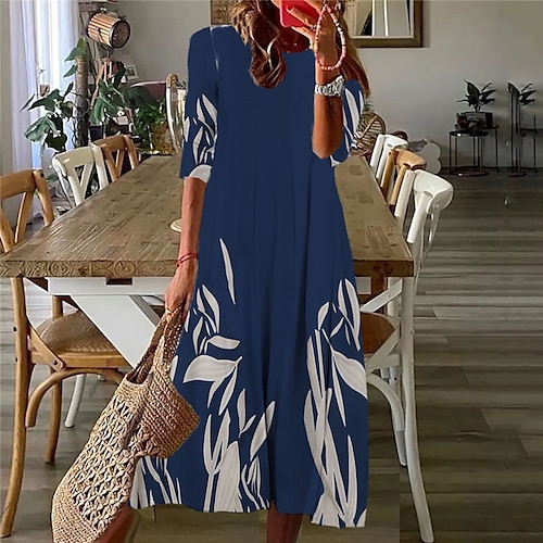 

Women's Casual Dress Shift Dress Midi Dress Navy Blue 3/4 Length Sleeve Floral Ruched Print Fall Spring Round Neck Casual Vacation 2022 S M L XL XXL 3XL