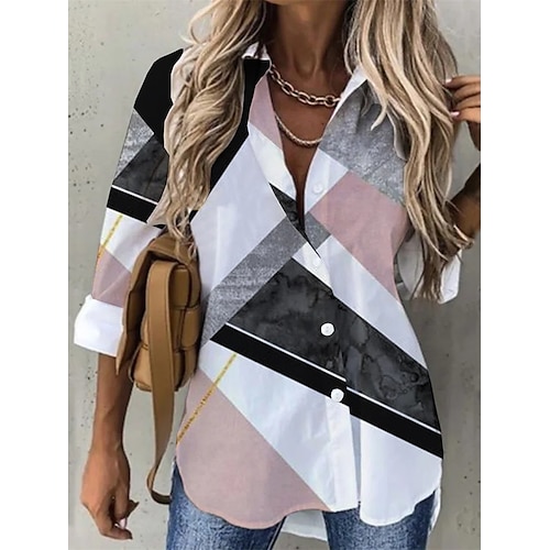 

Women's Blouse Shirt White Geometric Long Sleeve Casual Daily Casual Shirt Collar Regular Loose Fit S / 3D Print