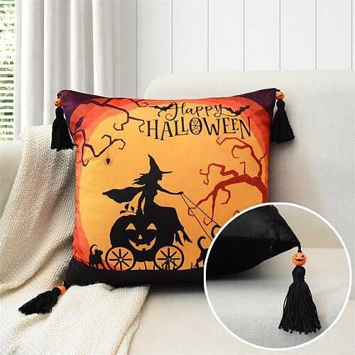 

Halloween Throw Pillow Cover Print Square Quality Pillow Case for Bedroom Livingroom Cushion Cover Tassel Pumpkin Cat Witch