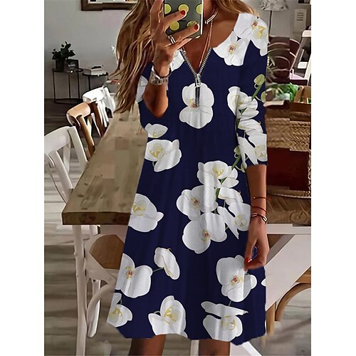 

Women's Casual Dress A Line Dress Knee Length Dress Blue Navy Blue Long Sleeve Floral Zipper Print Fall Winter V Neck Casual Classic 2022 XS S M L XL 2XL 3XL 4XL 5XL 6XL