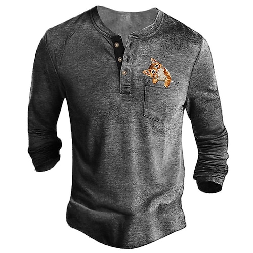 

Men's T shirt Tee Henley Shirt Tee Graphic Cat Henley White Blue Gray Purple Brown Long Sleeve 3D Print Plus Size Outdoor Daily Button-Down Print Tops Basic Designer Casual Big and Tall / Summer