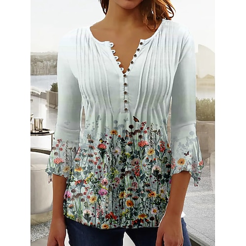 

Women's Blouse T shirt Tee Shirt White Floral Button Print Long Sleeve Casual Holiday Basic Round Neck Regular Floral Painting S