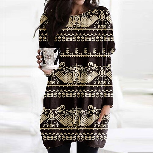

Women's Shift Dress Casual Dress Short Mini Dress Blue Yellow Long Sleeve Floral Geometric Pocket Print Fall Winter Crew Neck Casual Vacation Loose 2022 S M L XL XXL 3XL