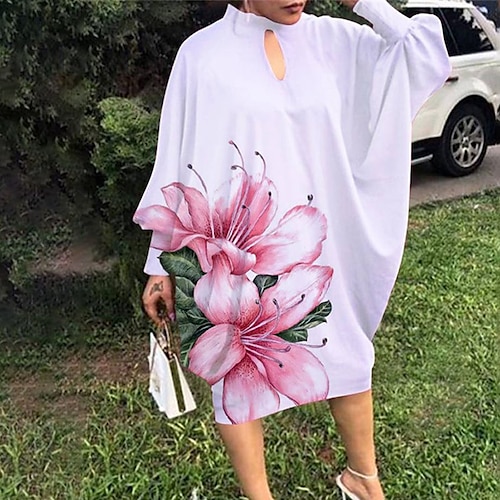 

Women's Plus Size Casual Dress Floral Crew Neck Print Batwing Sleeve Long Sleeve Fall Winter Casual Knee Length Dress Daily Holiday Dress