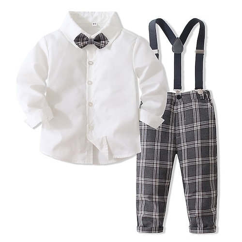 

2 Pieces Toddler Boys Shirt & Pants Clothing Set Outfit Plaid Long Sleeve Set Formal Gentle Fall Spring 1-5 Years White