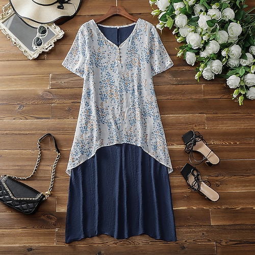 

Women's A Line Dress Swing Dress Midi Dress Navy Blue Short Sleeve Floral Print Fall Winter V Neck Casual Loose 2022 S M L XL XXL / Casual Dress