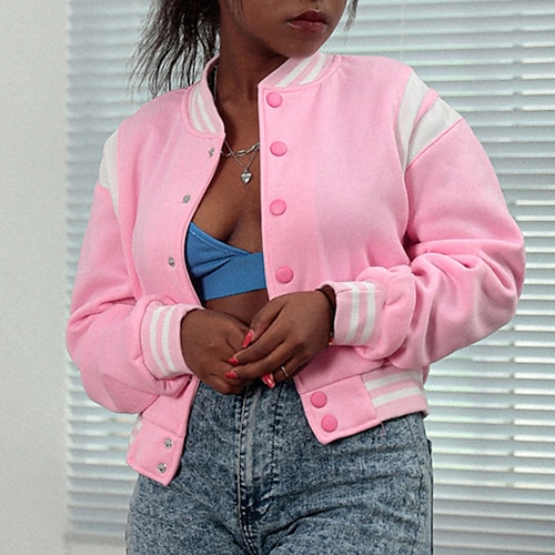 

Women's Casual Jacket Windproof Warm Outdoor Street Daily Vacation Button Single Breasted Stand Collar Chic & Modern Modern Street Style Stripes Regular Fit Outerwear Long Sleeve Winter Fall Blue Pink