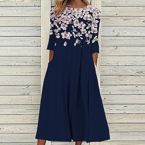 

Mulheres Vestido casual Vestido de turno Vestido midi Azul Marinha Manga 3/4 Floral Franzido Verão Primavera Decote Redondo Férias 2023 S M L XL XXL 3XL