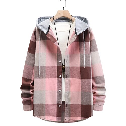 

Men's Shirt Overshirt Shirt Jacket Lattice Hooded Blue Pink Casual Tops Casual