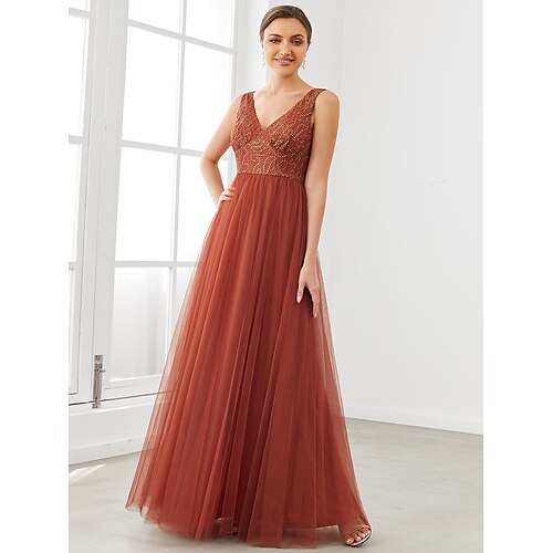 

A-Line Prom Dresses Elegant Dress Homecoming Floor Length Sleeveless V Neck Tulle with Draping Splicing 2022 / Sparkle & Shine