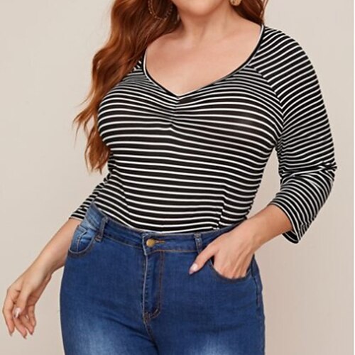 

Women's Plus Size Tops T shirt Tee Striped Long Sleeve V Neck Streetwear Daily Going out Polyester Spring Summer Black