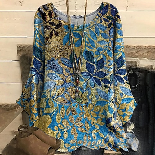 

Women's Plus Size Tops Blouse Floral Print Long Sleeve Crewneck Casual Daily Going out Polyester Fall Spring Blue