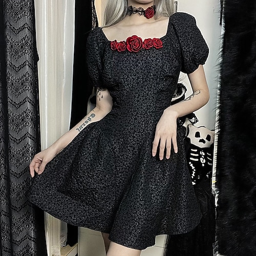 

Goth Girl Retro Vintage Punk & Gothic Steampunk Dress Masquerade Women's Costume Vintage Cosplay Short Sleeve Dress Masquerade