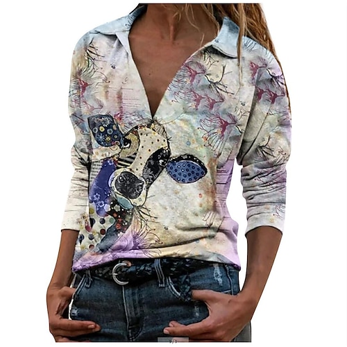 

Women's Shirt Blouse Blue Purple Green Animal Patchwork Print Long Sleeve Daily Casual Shirt Collar Regular S