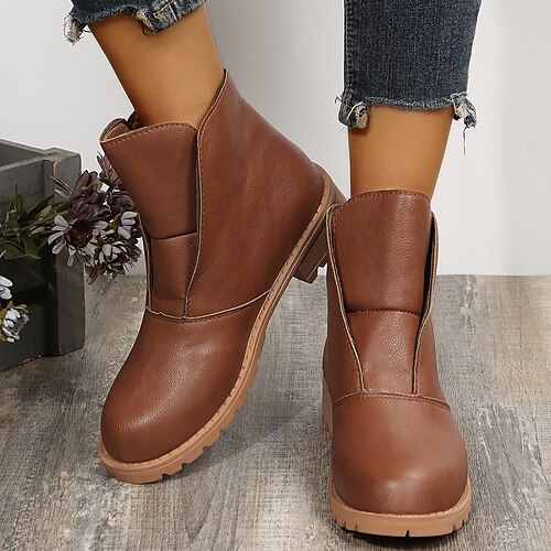 

Mulheres Botas Diário Botas Botas Tornozelo Inverno Salto de bloco Ponta Redonda Pele PU Mocassim Cor Sólida Marron Verde