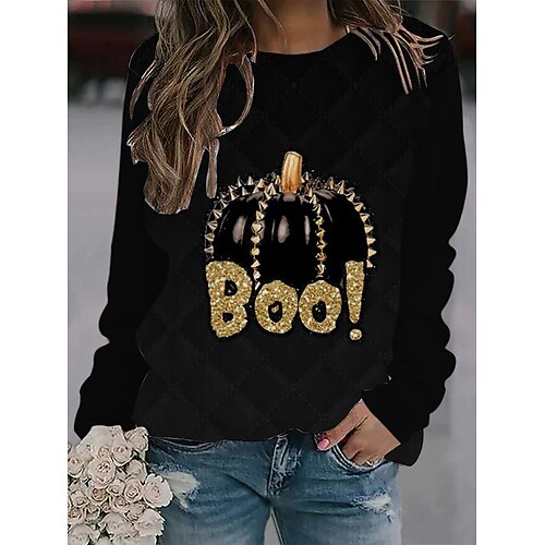 

Women's Sweatshirt Pullover Active Streetwear Print Black Pumpkin Text Halloween Round Neck Long Sleeve S M L XL XXL 3XL