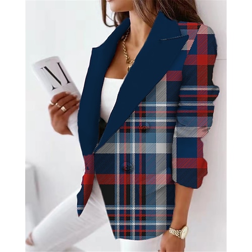 

Women's Blazer Office Work Fall Winter Regular Coat Regular Fit Breathable Stylish Formal Jacket Long Sleeve 3D Print Stripes and Plaid with Pockets Blue Dark Blue