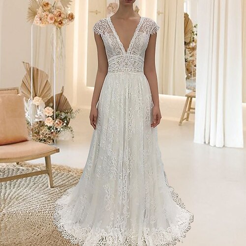 

A-Line Wedding Dresses V Neck Sweep / Brush Train Lace Cap Sleeve Romantic Beach Sexy Backless with Appliques 2022