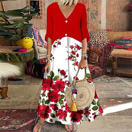 

Women's A Line Dress Casual Dress Maxi long Dress Black Blue Red Half Sleeve Floral Button Print Fall Winter V Neck Casual Vacation Mature Loose 2022 S M L XL XXL 3XL 4XL 5XL