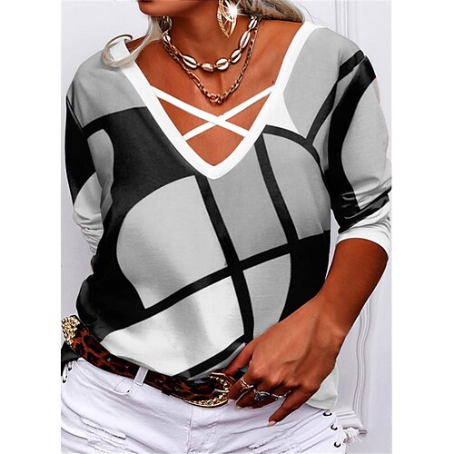 

Women's Plus Size Tops T shirt Tee Geometry Cut Out Print Long Sleeve V Neck Casual Streetwear Daily Going out Polyester Fall Spring Blue Gray