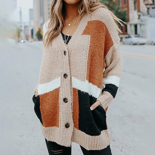 

Women's Cardigan Sweater Jumper Ribbed Knit Tunic Knitted Color Block V Neck Stylish Casual Outdoor Daily Winter Fall Khaki S M L / Long Sleeve / Holiday / Regular Fit / Going out