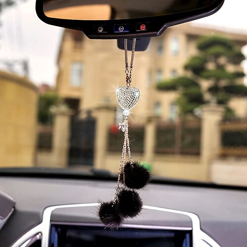 

Bling Car Accessories for Women Men Bling White Love Heart and Black Plush Ball Bling Rinestones Diamond Car Accessories Crystal Car Rear View Mirror CharmsLucky Hanging Accessories