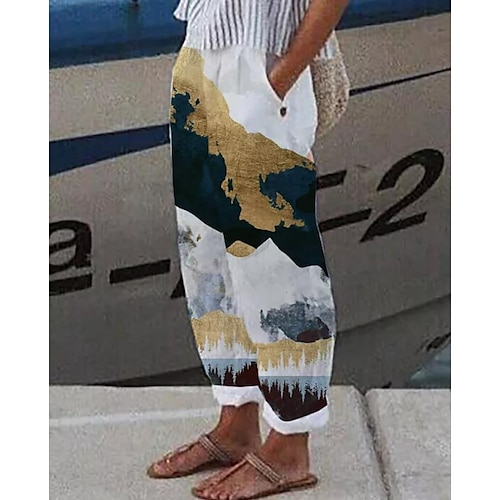 

Women's Chinos Pants Trousers Linen Linen / Cotton Blend 1 5 6 Mid Waist Fashion Designer Casual Weekend Side Pockets Print Micro-elastic Full Length Comfort Flower / Floral S M L XL XXL / Loose Fit