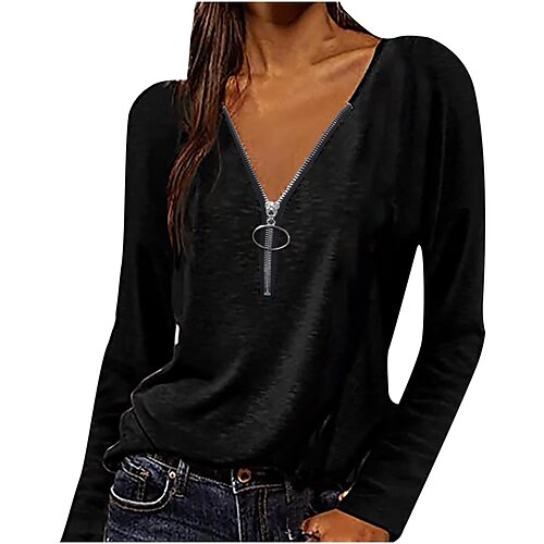 

Women's Shirt Blouse Black Purple Plain Quarter Zip Long Sleeve Daily Streetwear V Neck Regular S