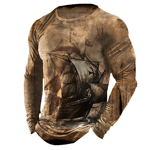 

Men's Unisex T shirt Tee Graphic Prints Crew Neck Brown 3D Print Sailboat Outdoor Street Long Sleeve Print Clothing Apparel Vintage Sports Casual Big and Tall