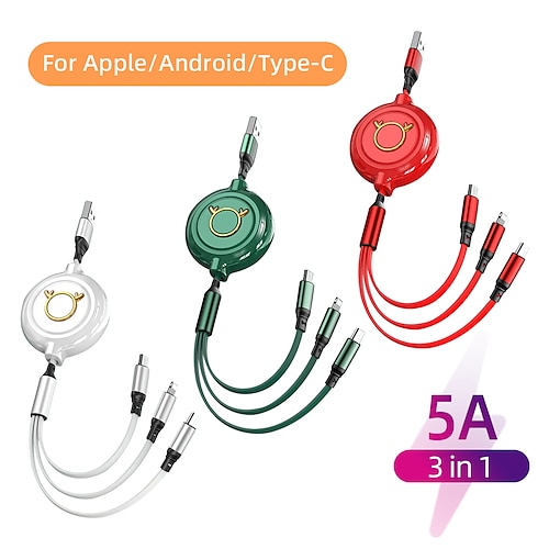 

3 in 1 Multi Charging Cable 3.9ft USB A to Lightning / micro / USB C 5 A Charging Cable Retractable Liquid Silica Gel For iPhone Samsung Xiaomi Huawei Phone Accessory