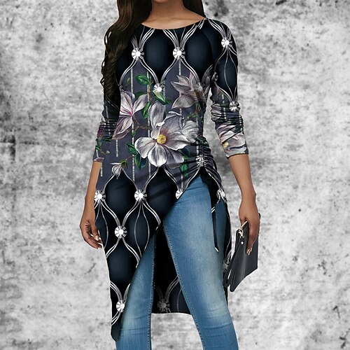 

Women's T shirt Tee Tunic Blue Floral Print Long Sleeve Casual Holiday Basic Round Neck Long Floral Painting S