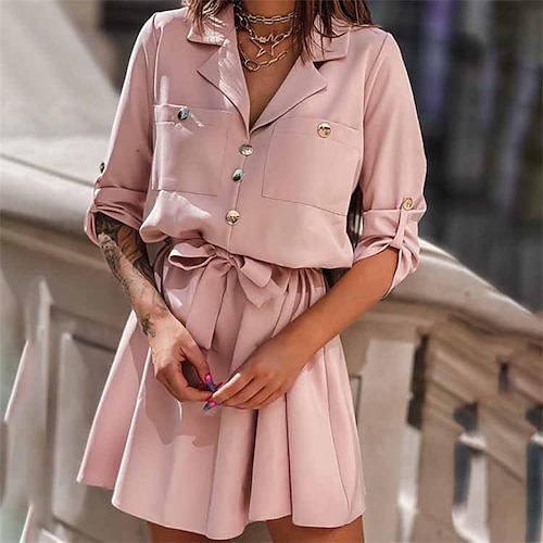 

Femme Robe casual Demi Manches Hiver Automne Lacet Bouton Poche Couleur monochrome Col de Chemise Fin de semaine Coton 2022 Noir Rose Claire Blanche S M L XL 2XL 3XL