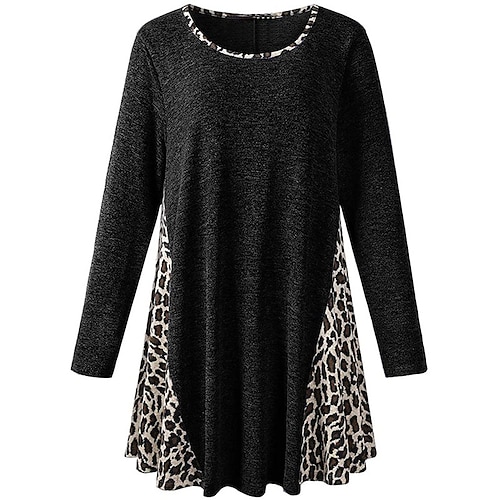 

Women's Plus Size Tops T shirt Tee Leopard Patchwork Long Sleeve Crewneck Streetwear Daily Vacation Polyester Fall Winter Black Gray