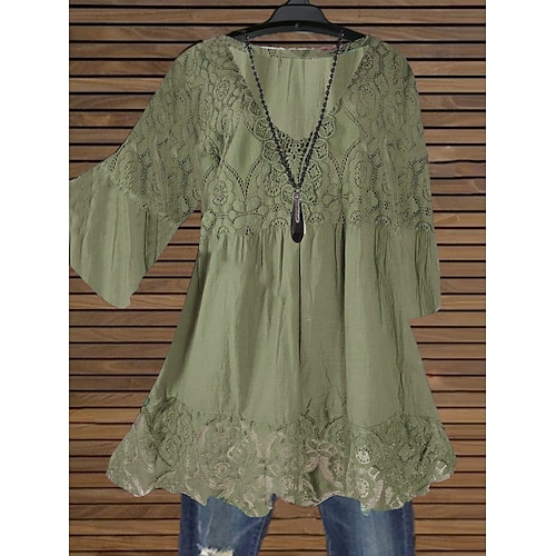 

Women's Plus Size Tops Blouse Shirt Plain Print 3/4 Length Sleeve V Neck Festival Going out Weekend Polyester Fall Spring Green