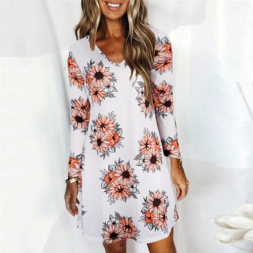 

Women's A Line Dress Short Mini Dress White Blue Red Long Sleeve Floral Print Spring Summer V Neck Casual 2022 S M L XL XXL