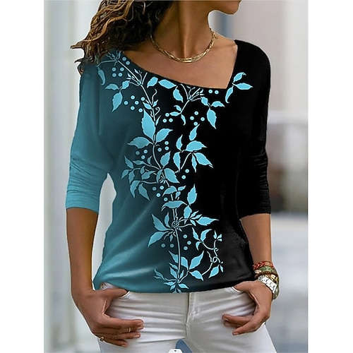 

Women's T shirt Tee Flower Casual Holiday T shirt Tee Long Sleeve Patchwork Print V Neck Basic Blue S / 3D Print
